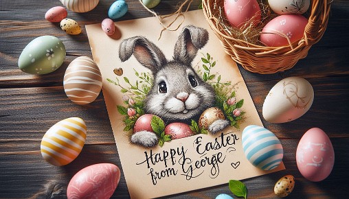 osterhase versteckt ostereier. mit Schriftzug in Deutsch Frohe Ostern von Georg (1)