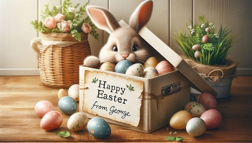 osterhase versteckt ostereier. mit Schriftzug in Deutsch Frohe Ostern von Georg (2)